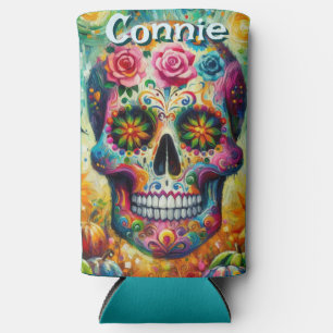Sugar Skull Day of the Dead Floral Personalized Seltzer Can Cooler