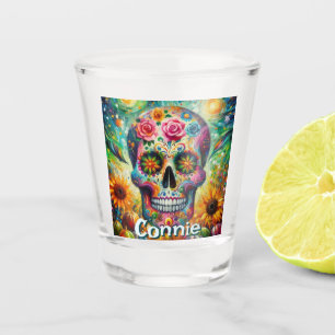 Sugar Skull Day of the Dead Floral Personalized Shot Glass