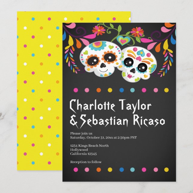 Sugar Skull Day of The Dead Fun Colourful Wedding Invitation (Front/Back)