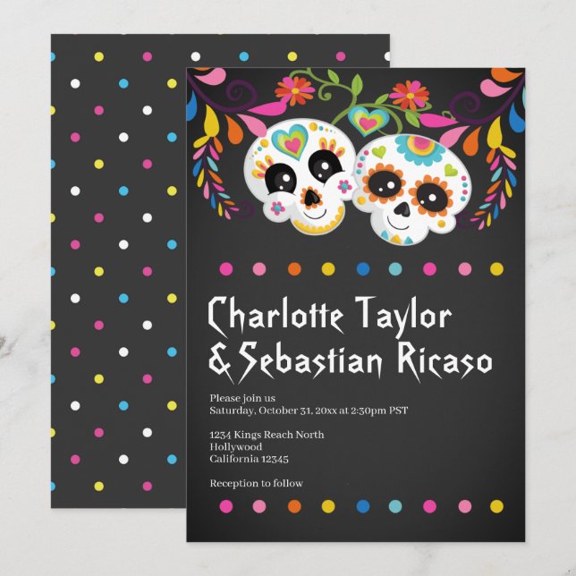 Sugar Skull Day of The Dead Fun Colourful Wedding Invitation (Front/Back)