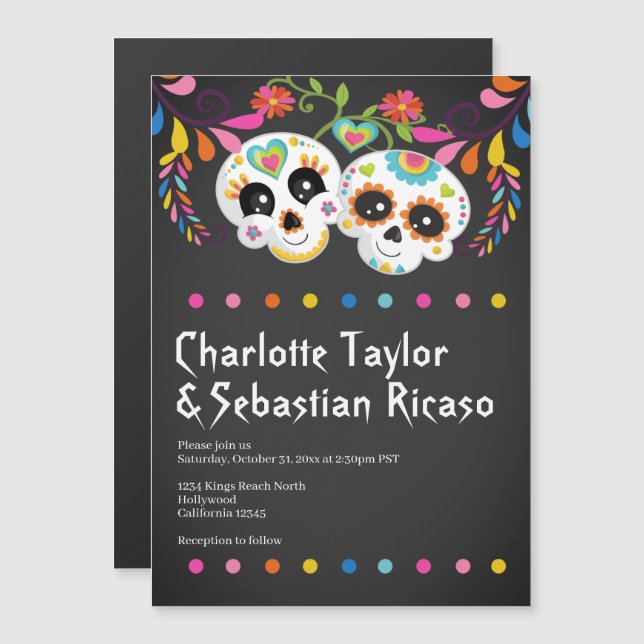 Sugar Skull Day of The Dead Fun Colourful Wedding Magnetic Invitation (Front/Back)
