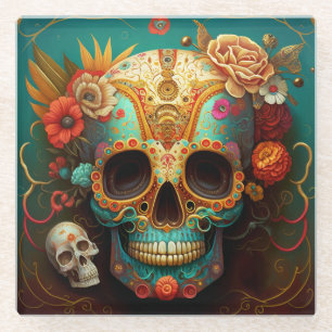 Sugar Skull Day Of The Dead Glass Coaster
