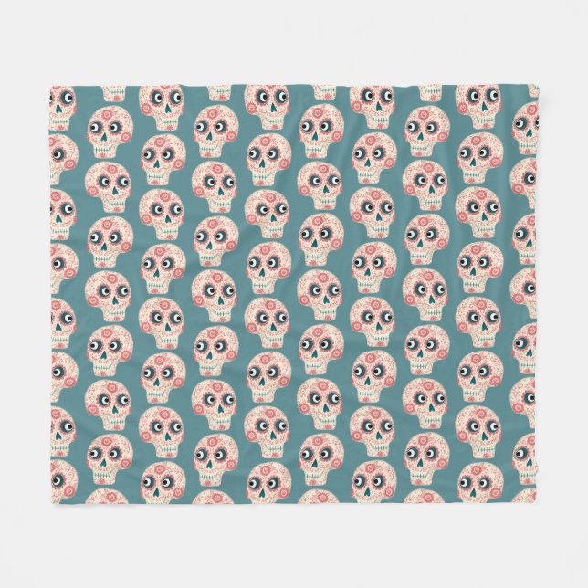 Sugar Skull Day of the Dead Green Fleece Blanket (Front (Horizontal))