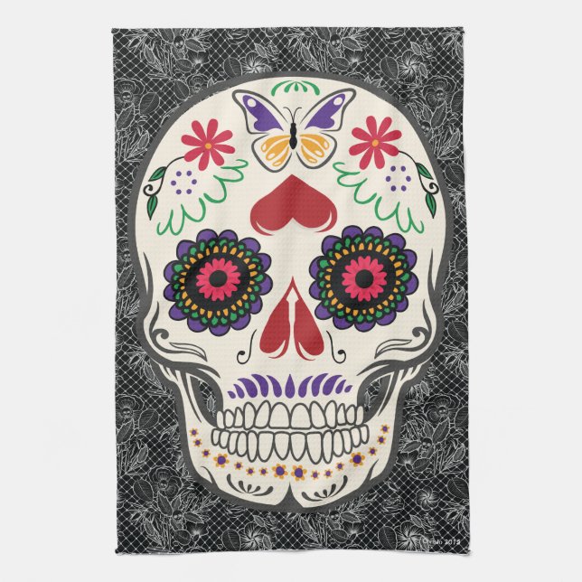 Sugar Skull Day of the Dead Kitchen Towel Art (Vertical)