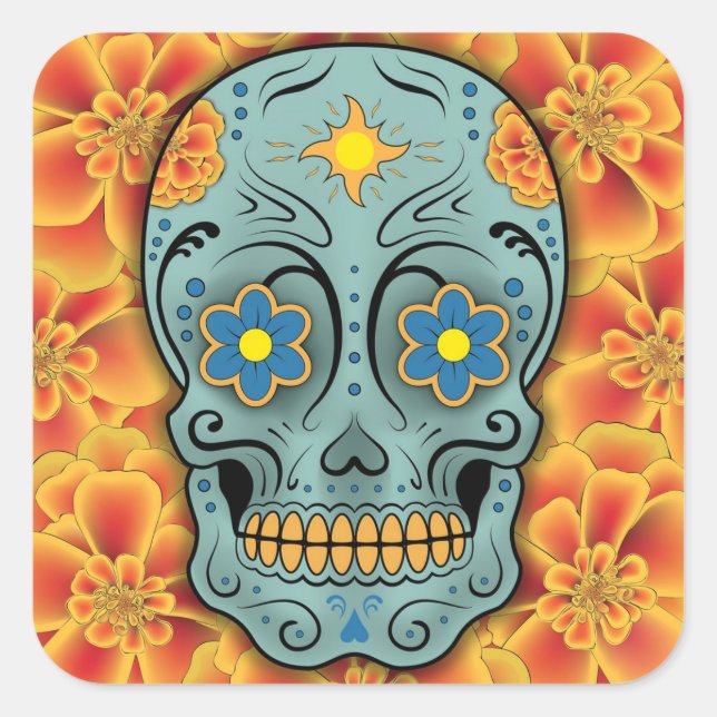 Sugar Skull - Day of the Dead (Marigold) Square Sticker (Front)
