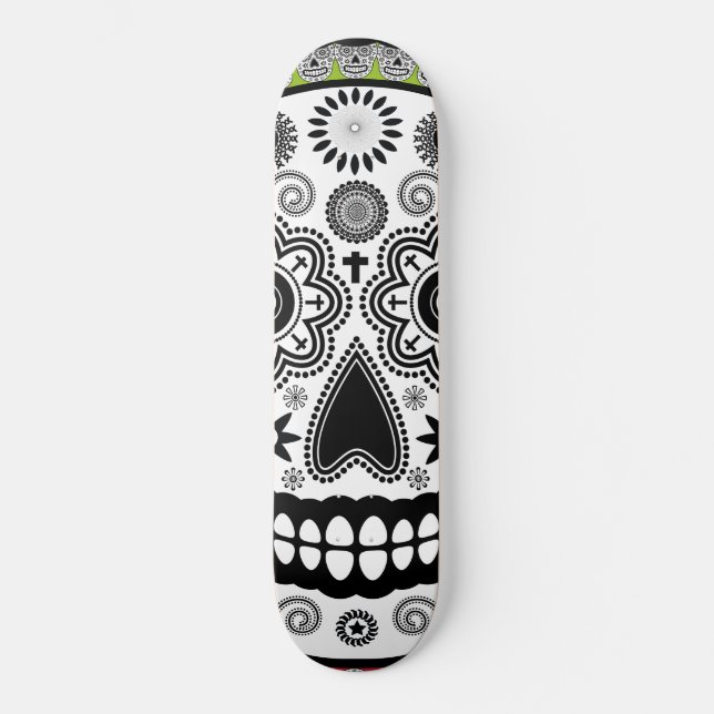 Sugar Skull Day of the Dead Red and Green Skateboard (Front)