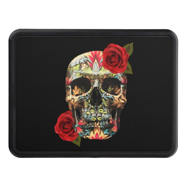 Sugar Skull Day Of The Dead Red Roses Trailer Hitch Cover (Front)