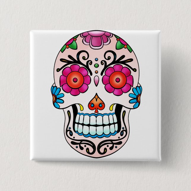 Sugar Skull - Day of the Dead, Tattoo, Mexico 2 Inch Square Button (Front)