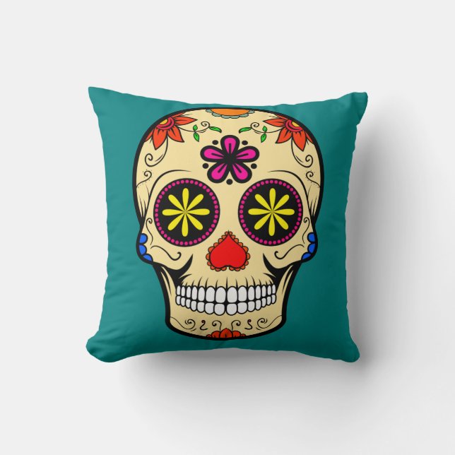 Sugar Skull Day of the Dead Teal Throw Pillow (Front)