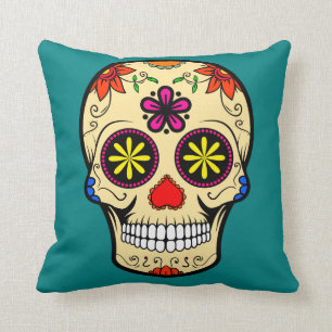 Sugar Skull Day of the Dead Teal Throw Pillow