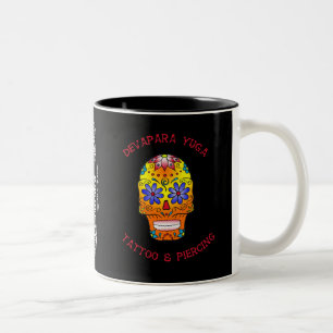 sugar skull deva, dy white, dolch rose 1 Two-Tone coffee mug