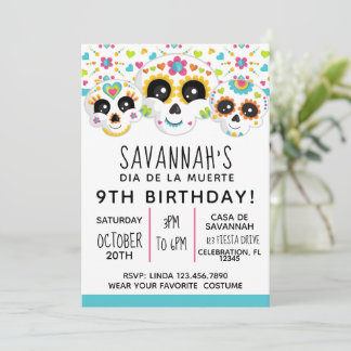 Sugar Skull Dia de La Muerte Halloween Birthday Invitation