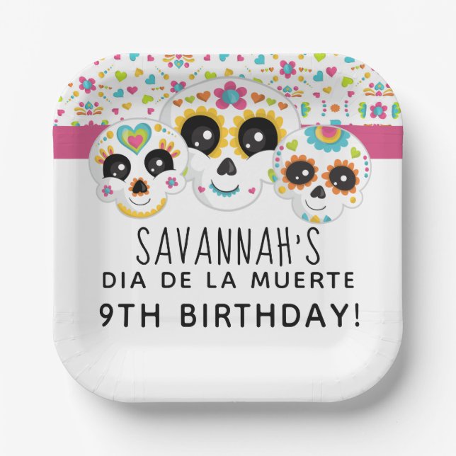 Sugar Skull Dia de La Muerte Halloween Birthday Pa Paper Plate (Front)