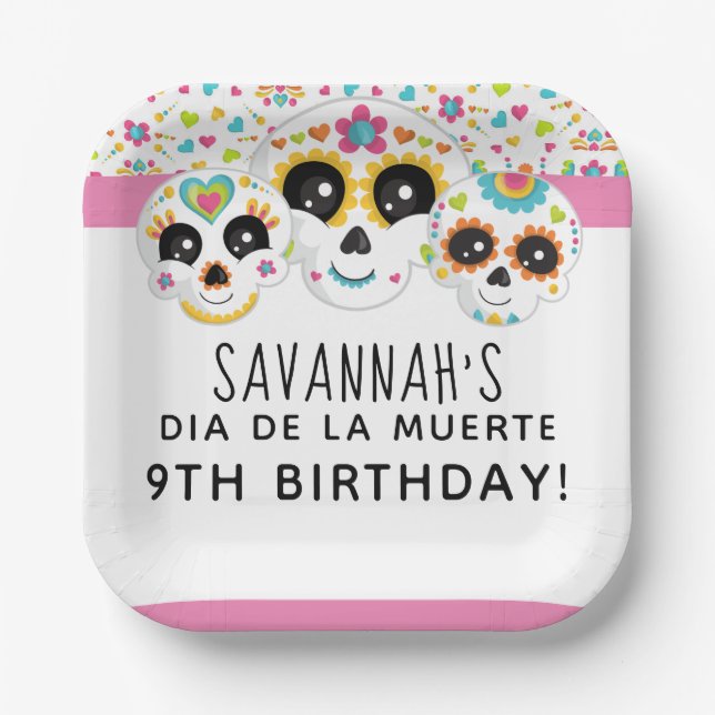 Sugar Skull Dia de La Muerte Halloween Birthday Pa Paper Plate (Front)
