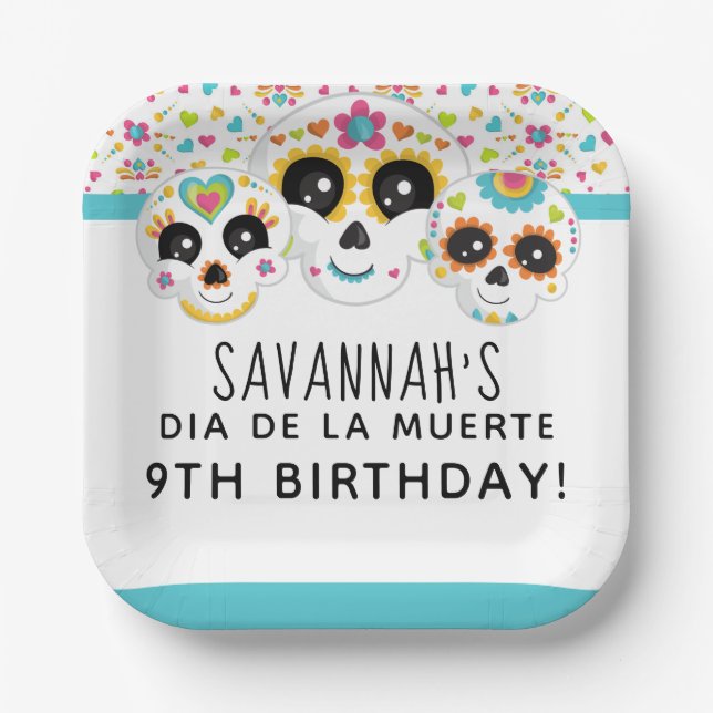 Sugar Skull Dia de La Muerte Halloween Birthday Paper Plate (Front)