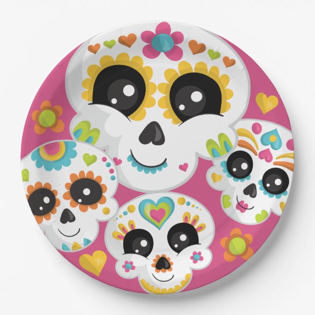 Sugar Skull Dia de La Muerte Halloween Birthday Paper Plate (Front)