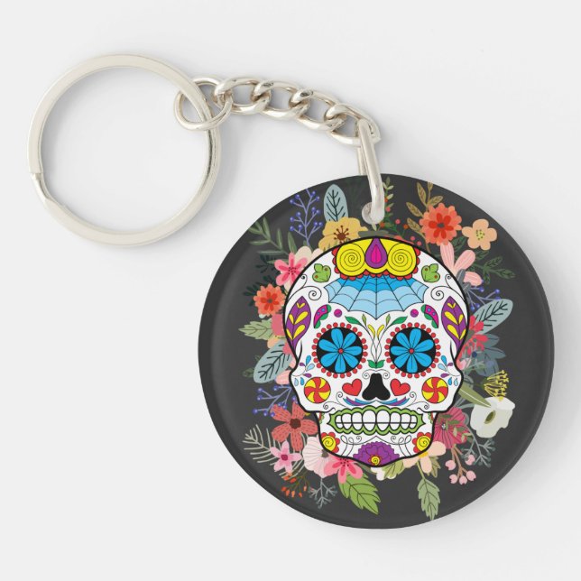 Sugar Skull Dia De Los Muertos Day of the Dead Keychain (Front)