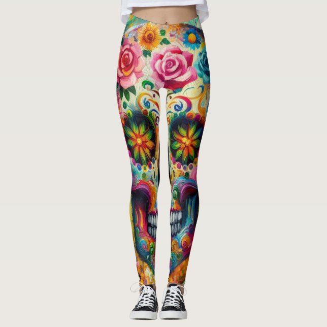 Sugar Skull Dia De Los Muertos Day of the Dead Leggings (Front)