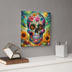Sugar Skull Dia De Los Muertos Day of the Dead Square Wall Clock