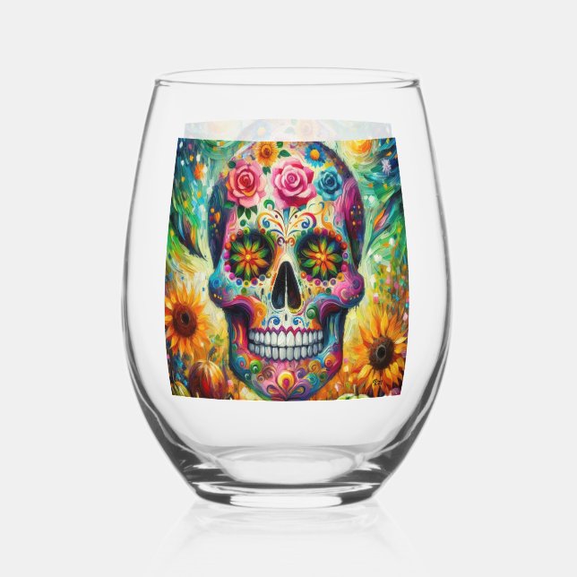 Sugar Skull Dia De Los Muertos Day of the Dead Stemless Wine Glass (Front)