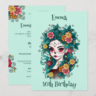 Sugar Skull Dia de los Muertos Sweet 16 Birthday Invitation