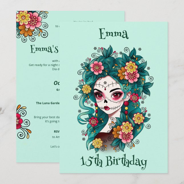 Sugar Skull Dia de Muertos Quinceañera  Birthday  Invitation (Front/Back)