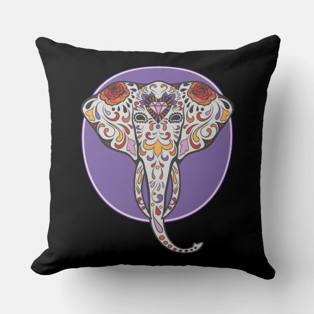 Sugar Skull Elephant in Purple Circle Throw Pillow (Front)