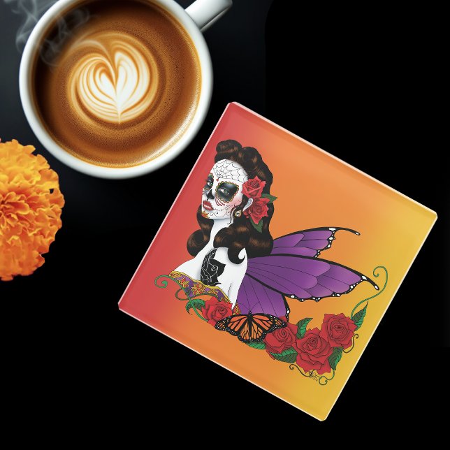 Sugar Skull Fairy Sunset Glass Coaster (Creator Uploaded)
