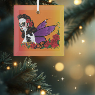 Sugar Skull Fairy Sunset Glass Ornament