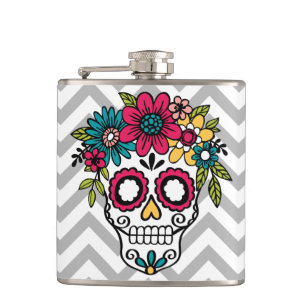 Sugar Skull Flask, Day of the Dead, Flowers Hip Flask