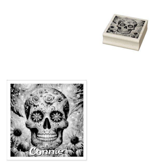 Sugar Skull Floral Roses Sunflower Personalized Rubber Stamp (Stamped)