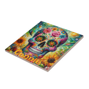 Sugar Skull Floral Roses Sunflower Personalized Tile