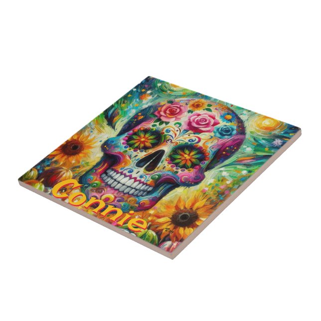 Sugar Skull Floral Roses Sunflower Personalized Tile (Side)