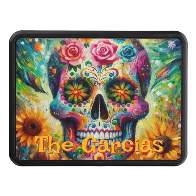 Sugar Skull Floral Roses Sunflower Personalized Trailer Hitch Cover (Front)
