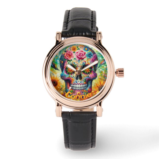 Sugar Skull Floral Roses Sunflower Personalized Watch (Front)