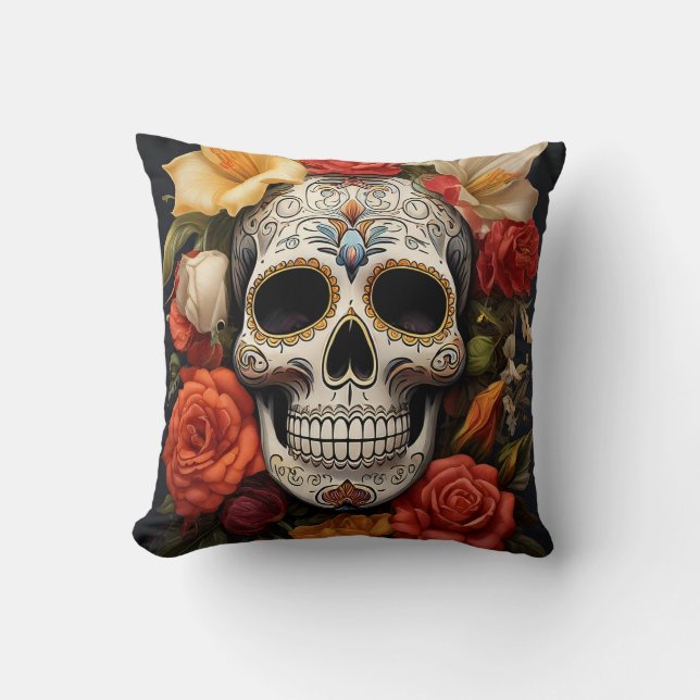Sugar Skull Floral Throw Pillow (Front)