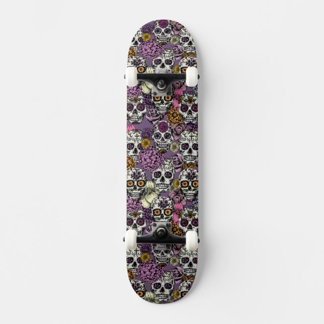 Sugar Skull Flower Ink Drawing Skateboard Deck (Front)