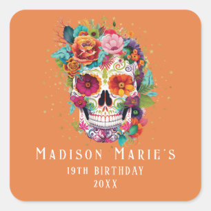 Sugar Skull Flowers Calling All Souls Birthday Square Sticker