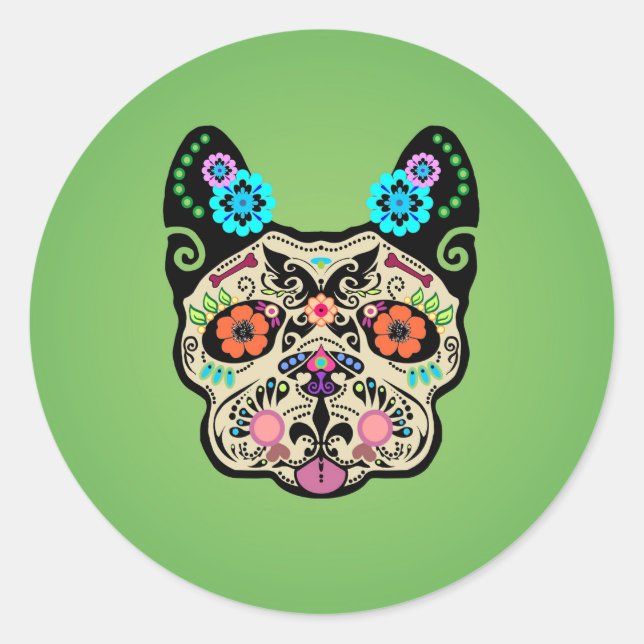 Sugar Skull Frenchie - Green Classic Round Sticker (Front)