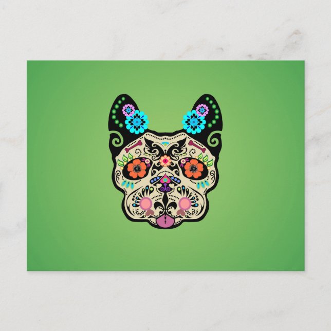 Sugar Skull Frenchie - Green Postcard (Front)