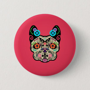 Sugar Skull Frenchie - Pink 2 Inch Round Button