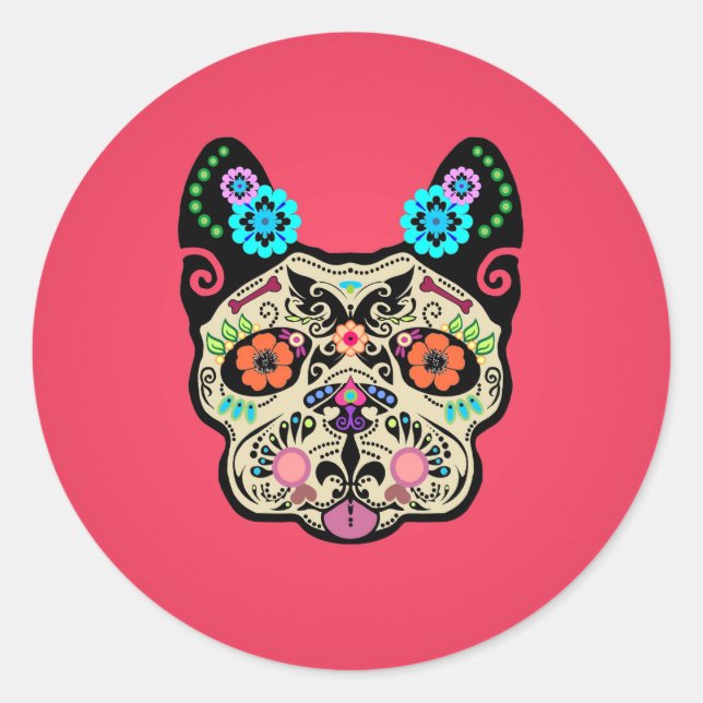 Sugar Skull Frenchie - Pink Classic Round Sticker (Front)