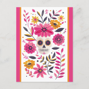 Sugar Skull Fuchsia Mexican Flowers Cinco de Mayo Postcard