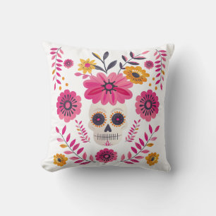 Sugar Skull Fuchsia Mexican Flowers Cinco de Mayo Throw Pillow