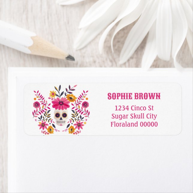 Sugar Skull Fuchsia Mexican Flowers Return Address (Insitu)