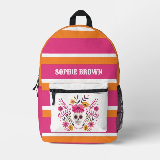 Sugar Skull Fuchsia Mexican Flowers with Name  Printed Backpack (Front)