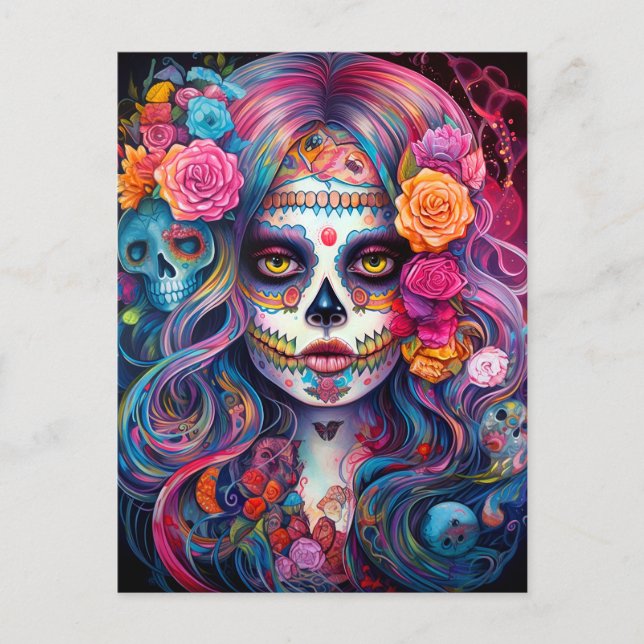 Sugar Skull Girl Day Of The Dead Postcard (Front)