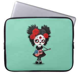 Sugar Skull Girl Playing American Flag Guitar Laptop Sleeve