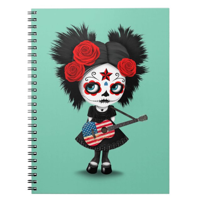 Sugar Skull Girl Playing American Flag Guitar Notebook (Front)
