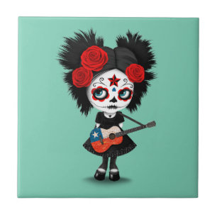 Sugar Skull Girl Playing Chilean Flag Guitar Tile